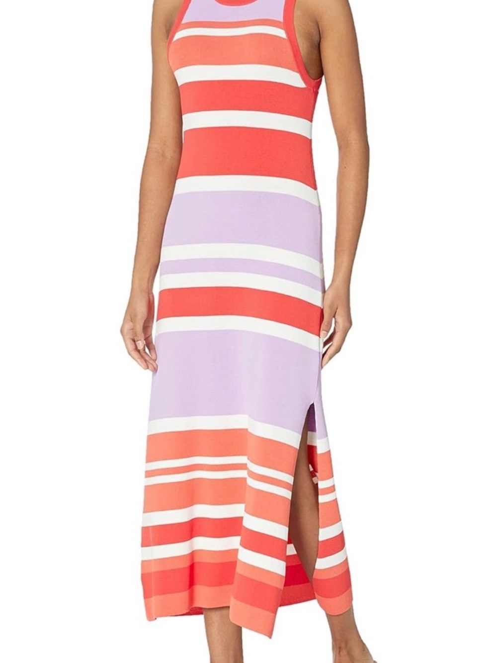 Sleeveless Coral and Lavender Striped Maxi Dress